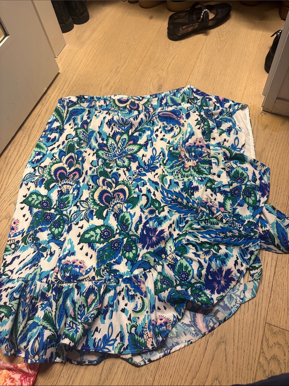 White & Blue Floral Mini Skirt with Ruffle Hem